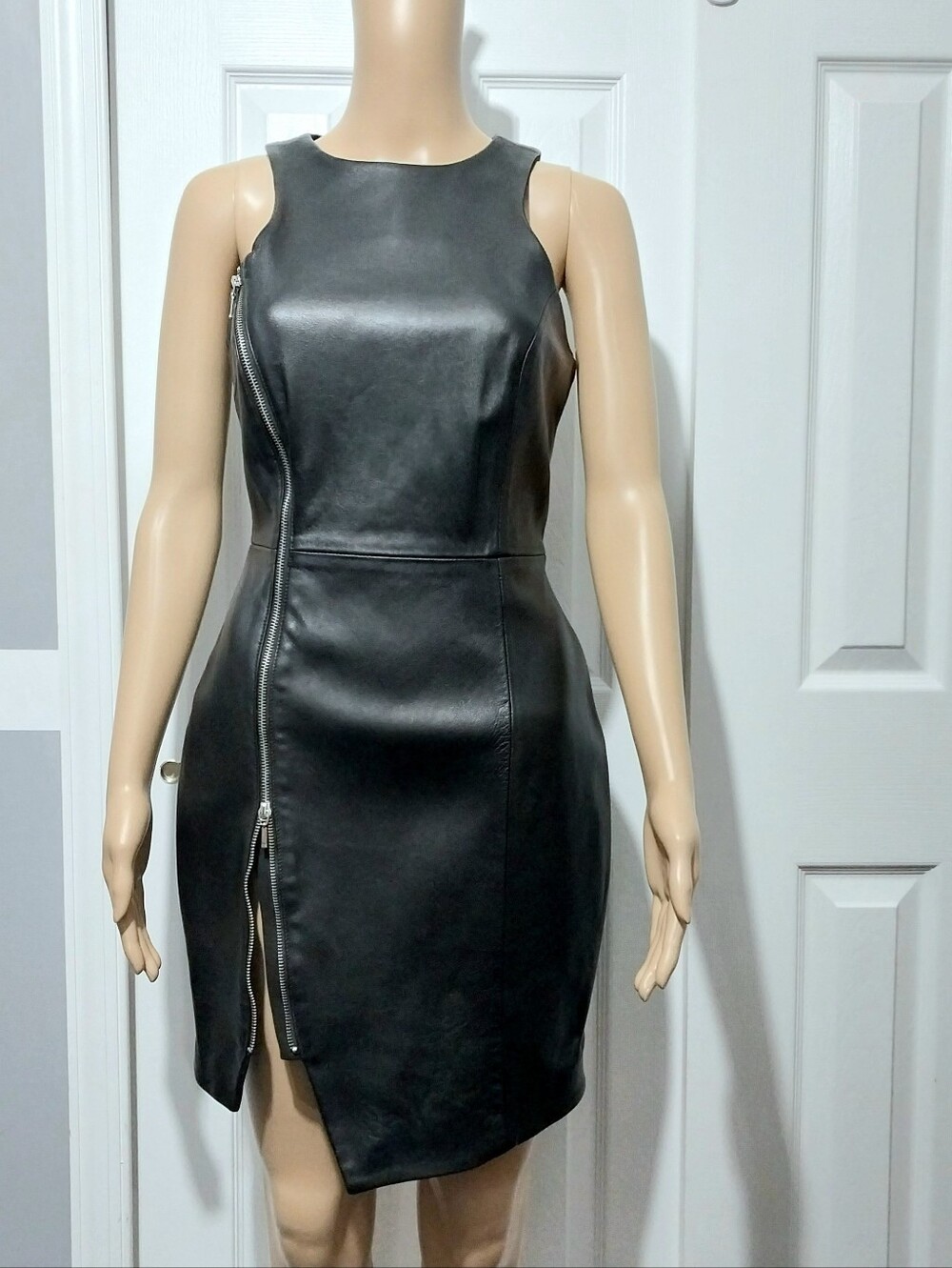 NICHOLAS Black Leather Asymmetric Zip Dress, Size 6